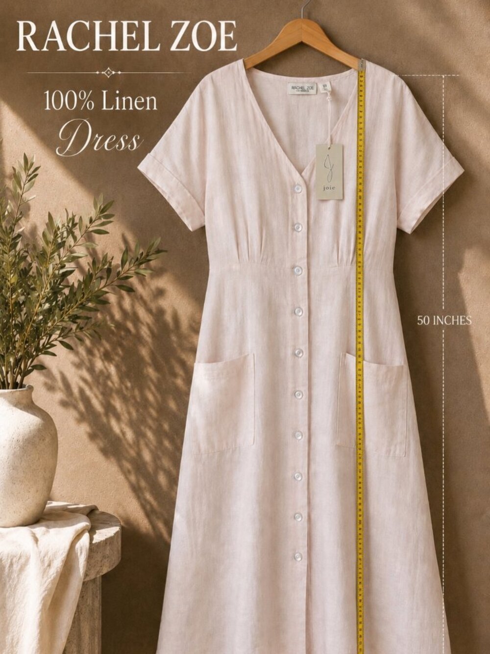 Rachel Zoe 100% Linen Button Front Midi Maxi Dress L Blush Pink Pockets NWT 50” - Picture 15 of 15